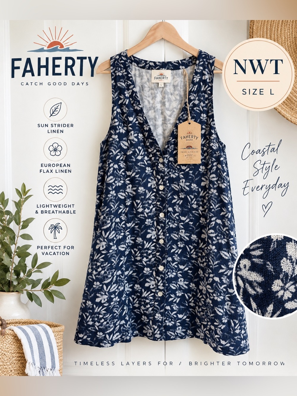 NWT Faherty Sun Strider Linen Floral Button Front Tunic Dress Navy Blue L